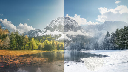 Winter and summer seasonals photography of mountain forest and lake, season changing concept - Powered by Adobe