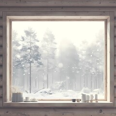 Warm and inviting wooden window overlooking a picturesque snow-covered forest landscape. Perfect for winter travel or cabin getaway imagery.
