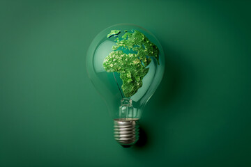 Environmental protection. Renewable, sustainable energy sources. Green world map on a light bulb on a green background.
