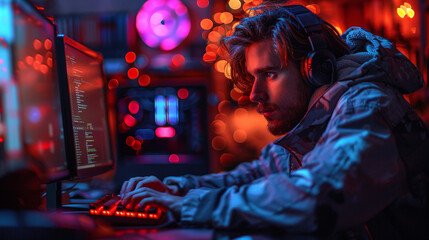 Fototapeta premium Focused Gamer Playing at Night