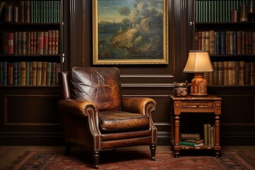 Antique Collector's Study Room Decors: Leather Armchair & Historic Paintings Ensemble