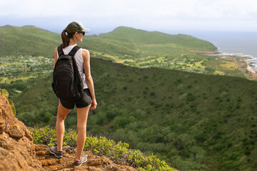 Female hiking in Hawaii Oahu Island views of  Coco Head Crater 