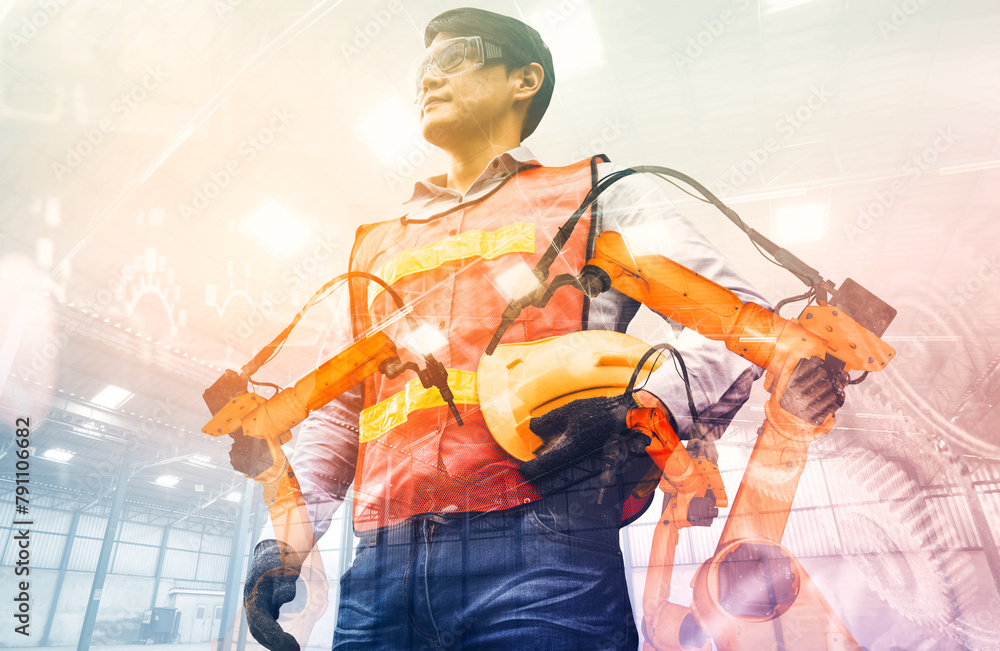 Aufkleber mlb mechanized industry robot arm and factory worker double exposure. concept of robotics technology