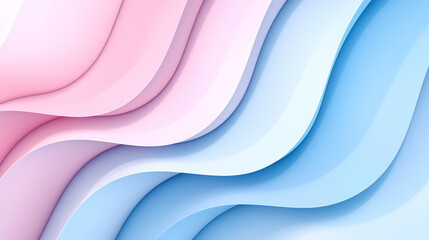 3D render of an abstract background with wavy paper elements in pastel colors, featuring soft lighting and a blue and pink gradient, captured from a low angle