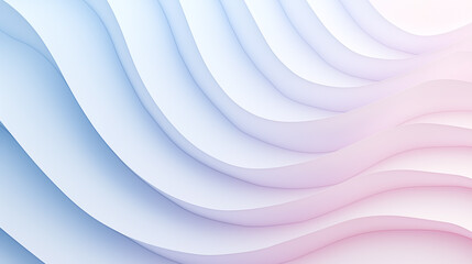 Obraz premium 3D render of an abstract background with wavy paper elements in pastel colors, featuring soft lighting and a blue and pink gradient, captured from a low angle