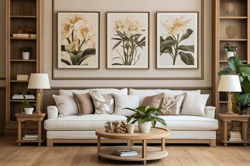 Botanical Retreat: Art Nouveau Inspired Living Room Designs with Natural Elements and Botanical Prints - obrazy, fototapety, plakaty