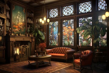 Fototapeta premium Vintage Art Nouveau Living Room Designs: Timeless Elegance and Decorative Splendor