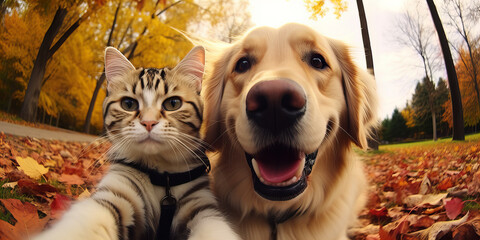 A funny dog and cat making selfie together. Autmn landscape