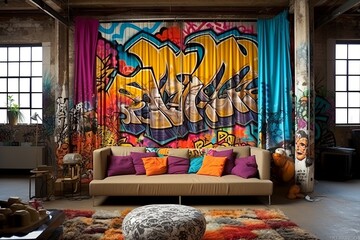 Obraz na płótnie Canvas Graffiti Curtains Infused with Colorful Touch for Artistic Loft Office Decors