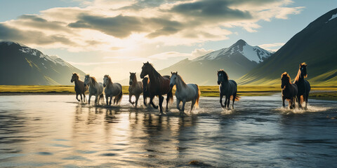 A herd of horses near the river in beautiful landscape.