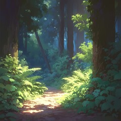 A serene sunlit pathway winding through a lush forest, evoking feelings of tranquility and exploration.
