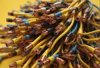 Electric cables, many copper wires with colored isolation isolated on yellow background. Electronics Repair Idea. Video blog concept, blogger. Very realistic, 8k quality, hyper realistic, ultra realis