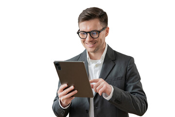 A male manager and a tablet, a positive one with glasses, an office employee working, a cut-out...
