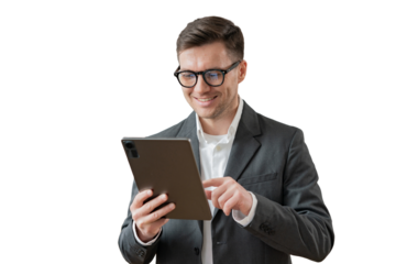 A male manager and a tablet, a positive one with glasses, an office employee working, a cut-out background