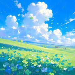Bask in the Serene Serenity of a Sunlit Meadow with Lush Clovers and Charming Houses