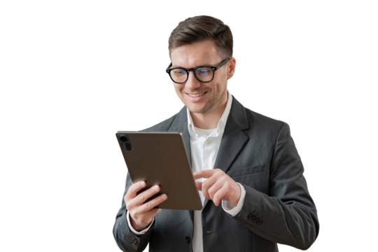 A male manager and a tablet, a positive one with glasses, an office employee working, a cut-out background