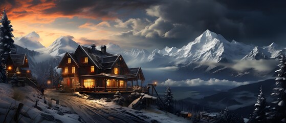 Winter landscape with wooden house in the mountains at sunset, panorama - Powered by Adobe