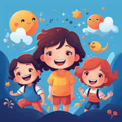 children's with the moon, blue background, vector illustration