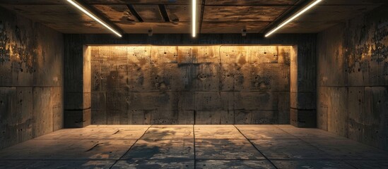 Room made of bricks and concrete with overhead lighting.