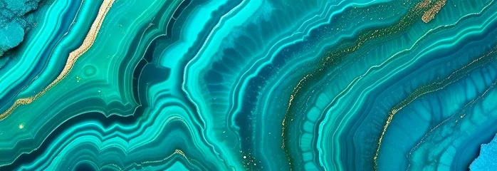 Poster intricate pattern resembling cross-section of agate stone in turquoise, teal and gold colors. concepts: minerals, jewelry, natural beauty, geology, earth sciences, art, backgrounds for websites © Indi
