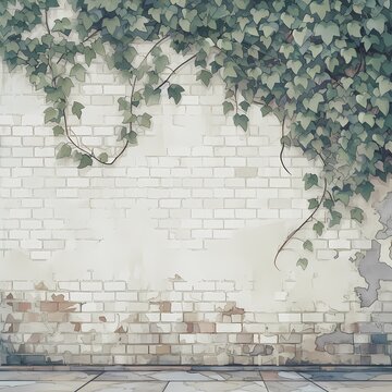 An Exquisite Wall of Symmetrical Brickwork with Lush Green Vines and Leaves
