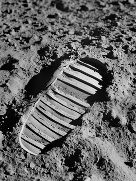  Gros-plan sur l'empreinte de la botte d'un astronaute dans le sol poussiéreux de la Lune.