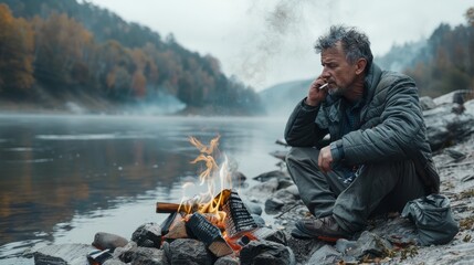 Man smoking by a homemade stone grill near the river next to a makeshift bonfire in nature - obrazy, fototapety, plakaty