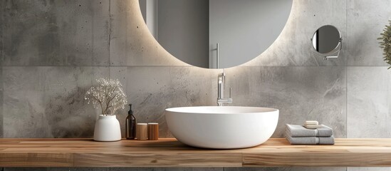 A bathroom interior featuring a wooden countertop with a white sink and a round mirror hanging above it.