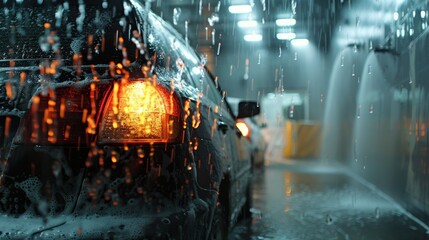 Interior view from car during automated car wash process for detailed observation - obrazy, fototapety, plakaty