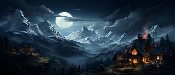 Fantasy landscape with village and mountains at night. Digital painting.