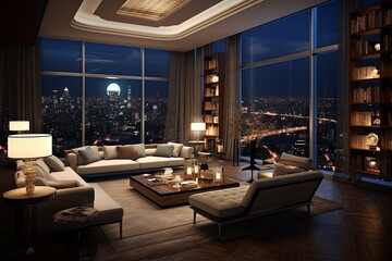 Fototapeta premium Panoramic City View: Luxe Penthouse Living Room Concepts and High-End Furniture