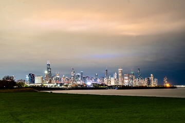 Nighttime in the Park at the 31st Street Harbor with the Chicago Skyline in the Background