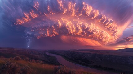   A sizable cloud, bearing a bolt of lightning emanating from its core, hovers above a tranquil river in the foreground
