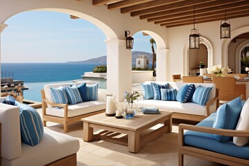 Coastal Furniture Delight: Mediterranean Seaside Patio Ideas with Blue Accents
