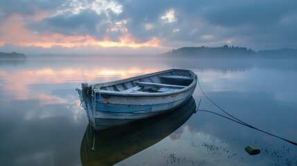 A serene scene with a small, weathered rowboat partially filled with water, floating near the shore...