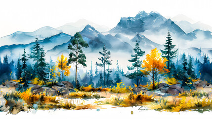 Paysage de montagne, illustration à l'aquarelle - obrazy, fototapety, plakaty