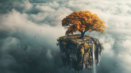The image shows a large, vibrant orange-leafed tree atop a steep, rocky cliff. The cliff appears as a floating island above a dense sea of clouds. Some leaves are depicted as falling from the tree, dr