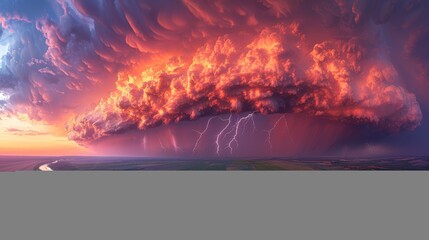   A massive cloud teeming with numerous bolts of lightning, overseeing a winding river