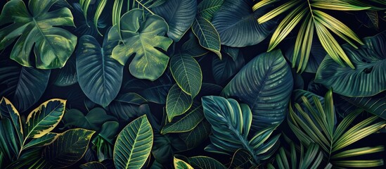 Dark green lush tropical foliage wall