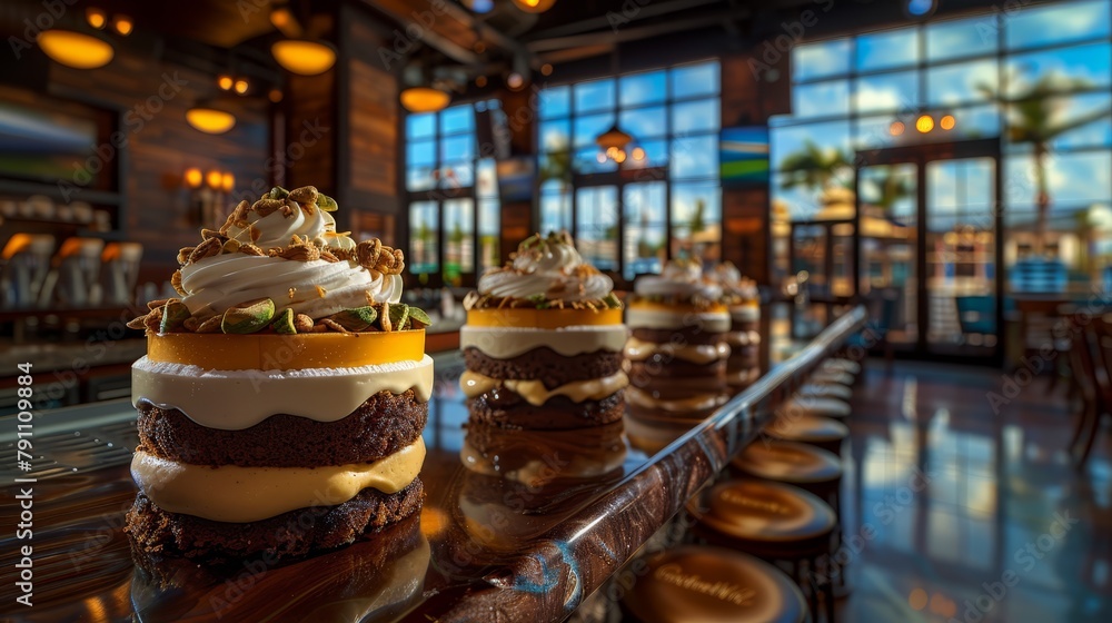 Poster a row of desserts elegantly arranged on a table near a window in the background, a bar is subtly vis