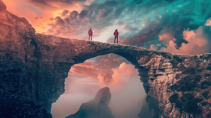 The image features a dramatic landscape with a large natural stone archway in the foreground, where two individuals stand apart on each peak of the arch. Both individuals are donning red jackets and f - Powered by Adobe