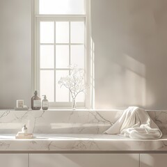 Modern Spa-like Bathroom with Large Window and Marble Vanity