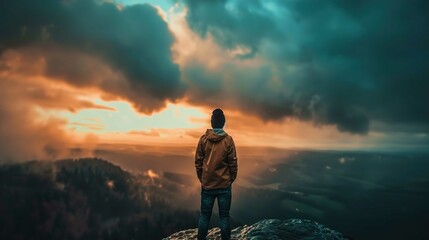 A person stands on a rocky outcrop, overlooking a vast forested landscape. The individual's posture suggests contemplation or admiration of the scene before them. They are dressed in casual, cool-weat