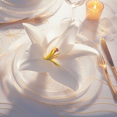 Premium Stock Photo: Exquisite Dinner Set on a Gold-Striped Placemat with White Lilies and Candles