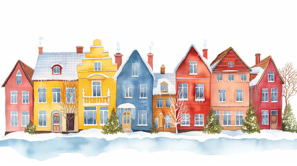 Winter Whimsy: Colorful Houses in a Festive Town - Seasonal Celebration Illustration