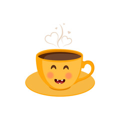 Yellow coffee cup with plate and hearts, flat style cup of coffee vector illustration.