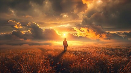 A solitary figure stands in a vast field of tall, golden grass under a dramatic sky. The sky is a spectacular display of clouds, with the sun breaking through to cast a warm, radiant light that bathes - obrazy, fototapety, plakaty