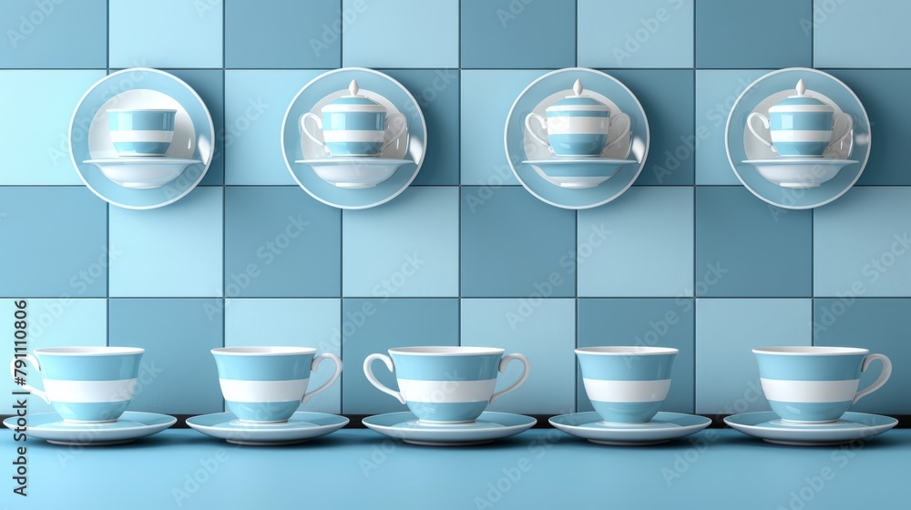 Poster a wall-mounted image of a teapot is accompanied by an arranged set of cups and saucers in front