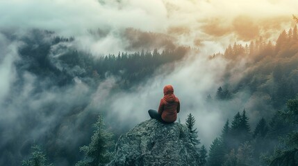 A person in a red hooded jacket sits on a large rock, overlooking a misty forest landscape. The trees are dense, with a variety of conifers and some autumnal foliage visible through the fog. The morni - obrazy, fototapety, plakaty