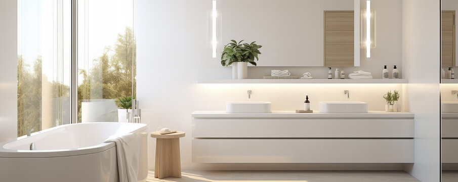 Interior of a modern bathroom of light color with a bath and an area for personal hygiene.